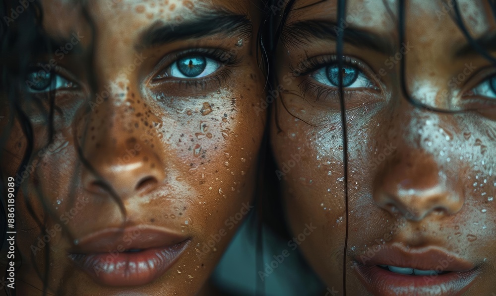 Fototapeta premium Close-Up of Two Women with Freckles and Blue Eyes