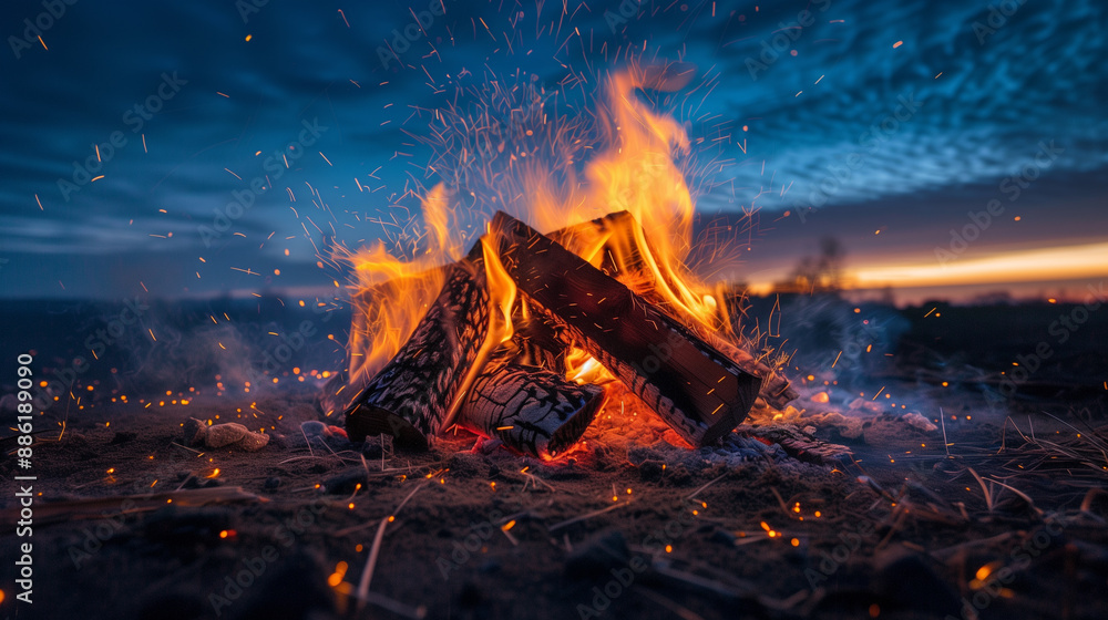 Burning campfire with sparks flying at twilight in a natural setting.. Burning campfire with sparks flying at twilight in a natural setting..
