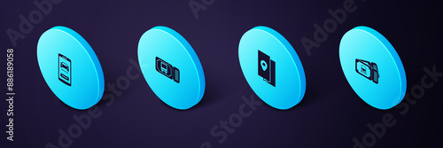 Set Isometric Train ticket, Cover book travel guide, Bus and Online car sharing icon. Vector