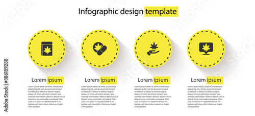 Set Book and marijuana or cannabis, Herbal ecstasy tablets, Marijuana leaf and Location. Business infographic template. Vector