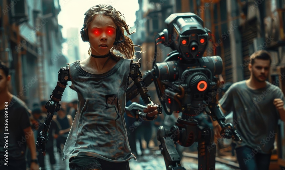 Futuristic Dystopian Chase Scene with Robots and Cybernetic Beings Futuristic Dystopian Chase Scene with Robots and Cybernetic Beings