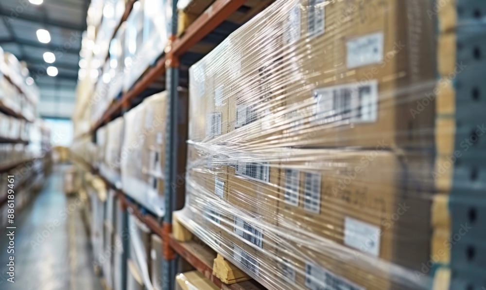 Warehouse storage for cargo shipment boxes on pallet racks, wrapped in plastic film Warehouse storage for cargo shipment boxes on pallet racks, wrapped in plastic film