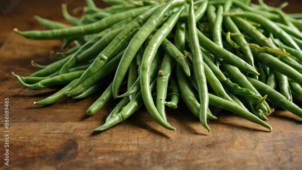 Fresh Green Beans on Wooden Surface.