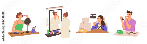People do makeup, beauty routine set. Different women do visage in front of mirror, applying, remove cosmetic products. Girl do make up while driving car. Flat isolated vector illustrations on white