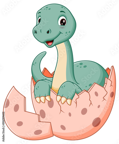 Cartoon Baby Brontosaurus Hatching From Egg. Animal Nature Icon Concept Isolated Premium Vector. Vector Illustration