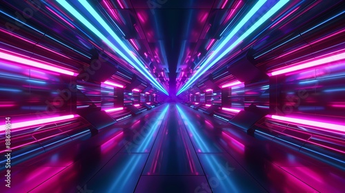 Futuristic Corridor with Purple and Blue Neon Lights - Generative AI Abstract Background