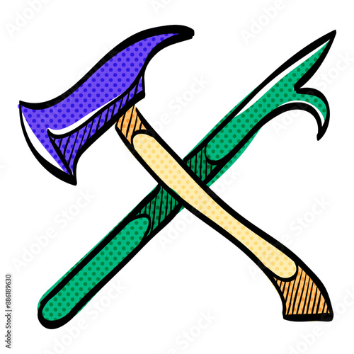 Fireman tools halftone icon hand drawn color vector illustration