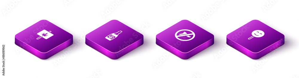 Set Isometric Marijuana, Beer bottle, No war and Smile face icon. Vector Set Isometric Marijuana, Beer bottle, No war and Smile face icon. Vector