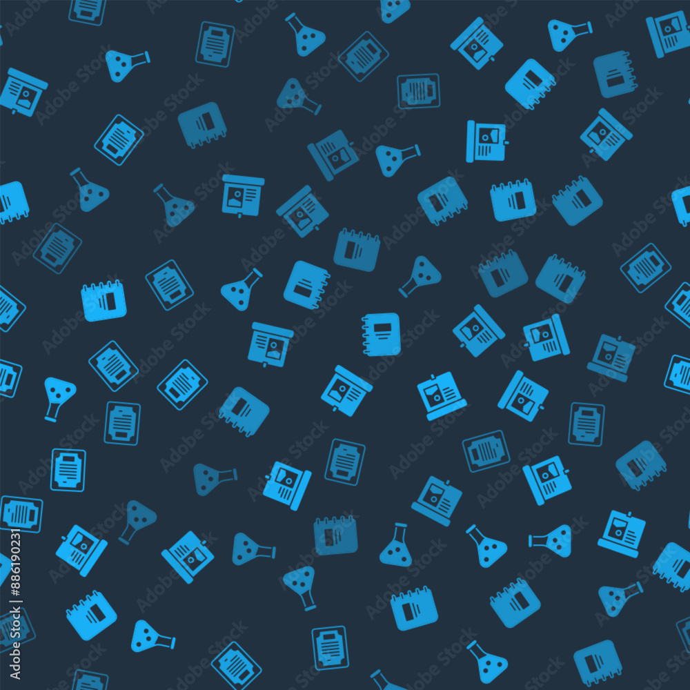 Set Test tube, Projection screen, Notebook and Certificate template on seamless pattern. Vector Set Test tube, Projection screen, Notebook and Certificate template on seamless pattern. Vector