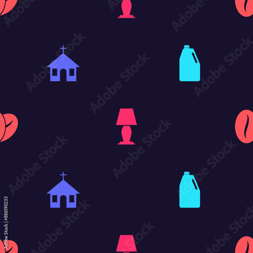 Set Household chemicals bottle, Church building, Table lamp and Coffee beans on seamless pattern. Vector
