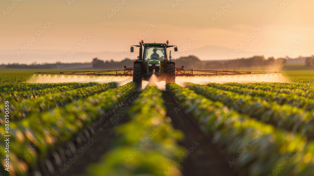 Tractor spraying pesticides in morning on soybean field Tractor spraying pesticides in morning on soybean field