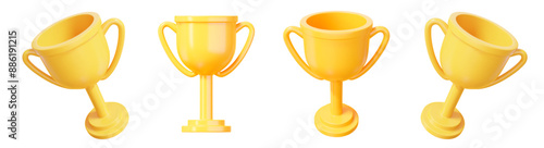 3d set of realistic yellow trophy cup with different angles. Stock vector illustration on isolated background.	
