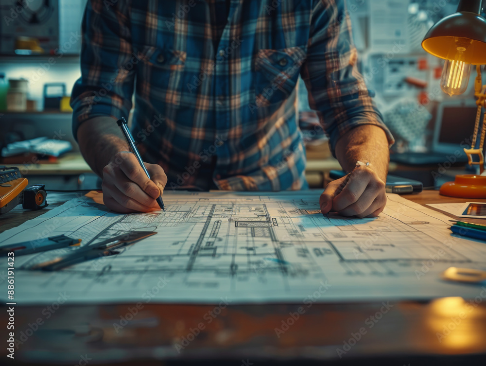 engineer working on blueprint at office desk engineer working on blueprint at office desk
