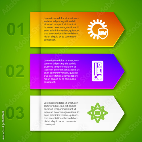 Set line UV protection, Meteorology thermometer, and Sun and snowflake. Business infographic template. Vector