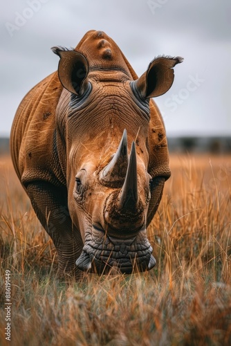 Close-Up of Rhinoceros on Golden Grass Field under Overcast Sky