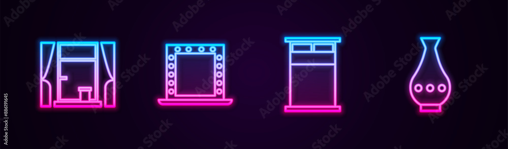 Set line Window with curtains, Makeup mirror lights, Big bed and Vase. Glowing neon icon. Vector Set line Window with curtains, Makeup mirror lights, Big bed and Vase. Glowing neon icon. Vector