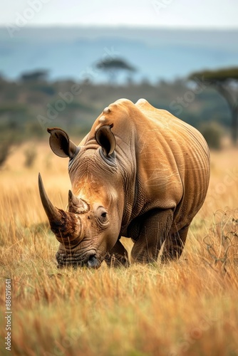 Close-Up of Rhino Grazing in Golden African Savanna Landscape