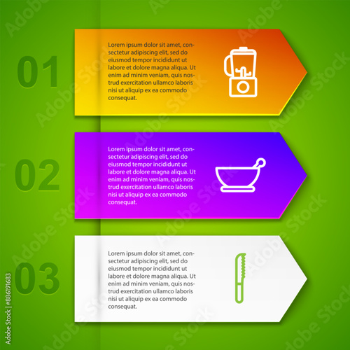 Set line Blender, Mortar and pestle, Bread knife and Electronic scales. Business infographic template. Vector
