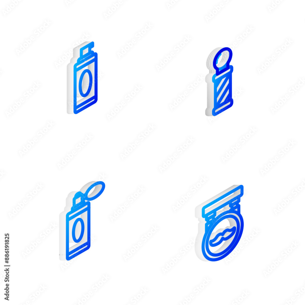 Set Isometric line Classic Barber shop pole, Shaving gel foam, Aftershave bottle with atomizer and Barbershop icon. Vector Set Isometric line Classic Barber shop pole, Shaving gel foam, Aftershave bottle with atomizer and Barbershop icon. Vector