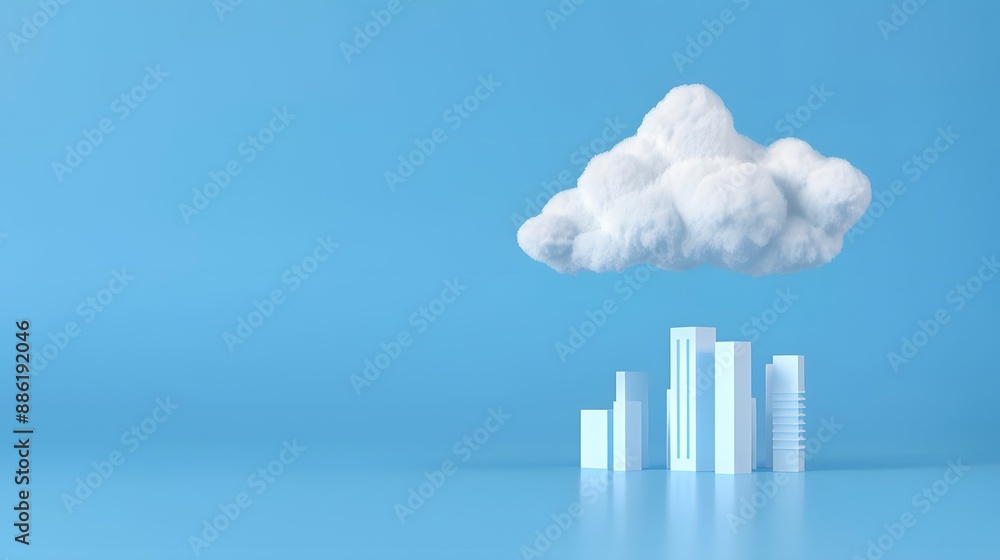 Fototapeta premium Minimalistic cityscape with white cloud over blue background, representing urban development and modern architecture. 3D Illustration.