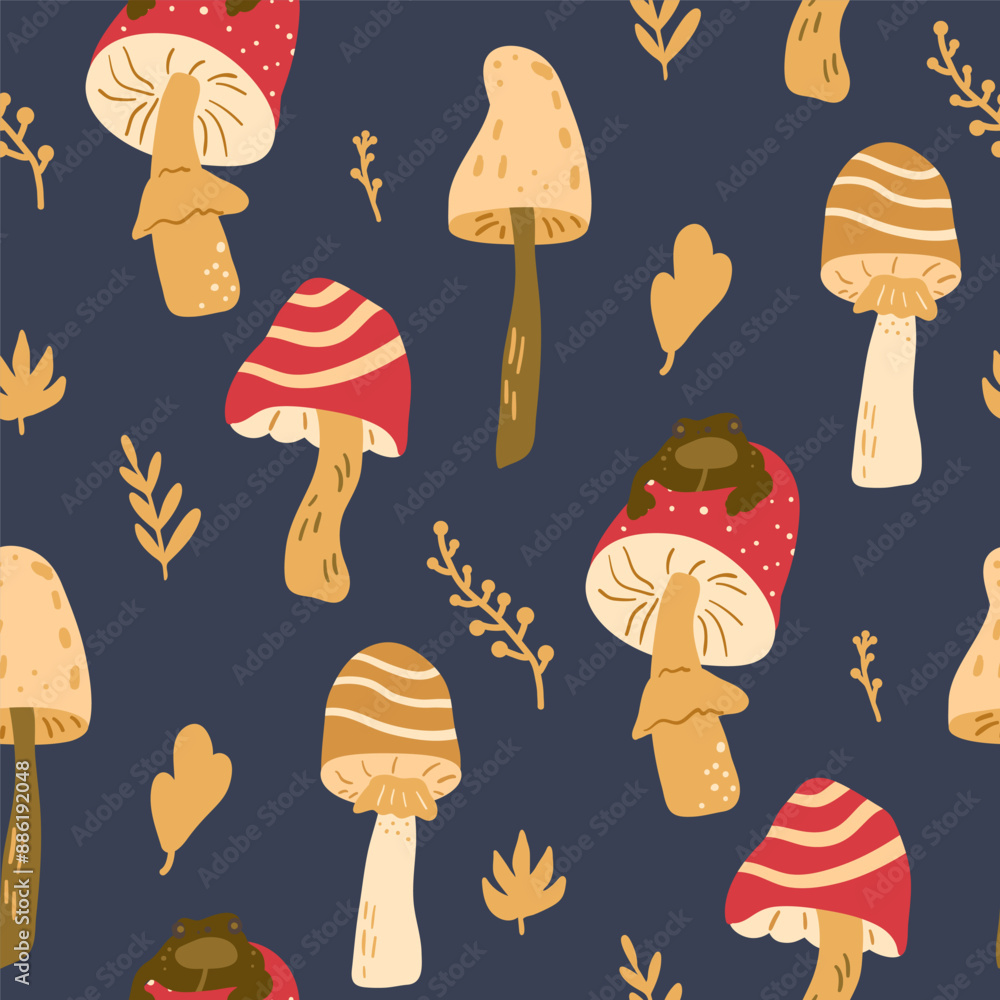 Toadstool and fly agaric seamless pattern. Night magical forest. Inedible mushrooms repeat background. Vector hand drawn illustration. Toadstool and fly agaric seamless pattern. Night magical forest. Inedible mushrooms repeat background. Vector hand drawn illustration.
