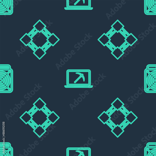 Set line Mining with laptop and pickaxe, Blockchain technology and ASIC Miner on seamless pattern. Vector