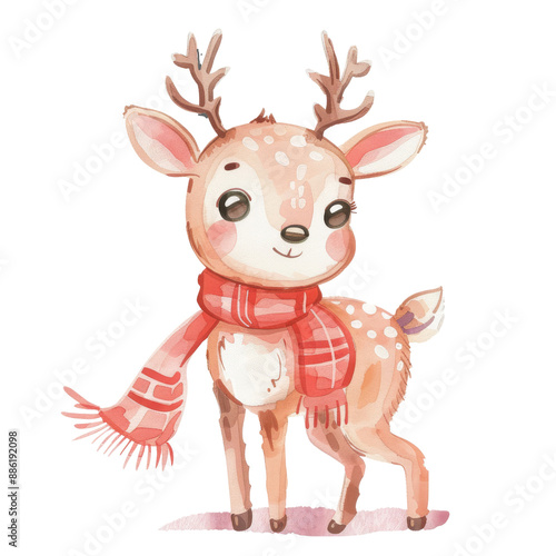 Adorable watercolor illustration of a cute reindeer with antlers wearing a red scarf, perfect for Christmas and holiday-themed designs.