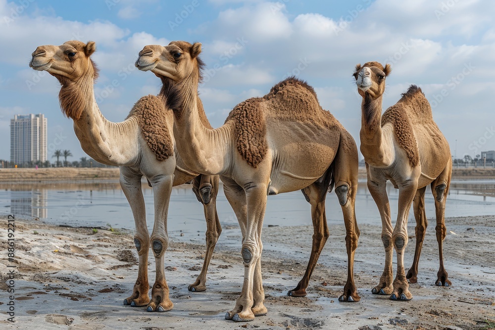 Obraz premium Three camels standing in the desert looking at the camera