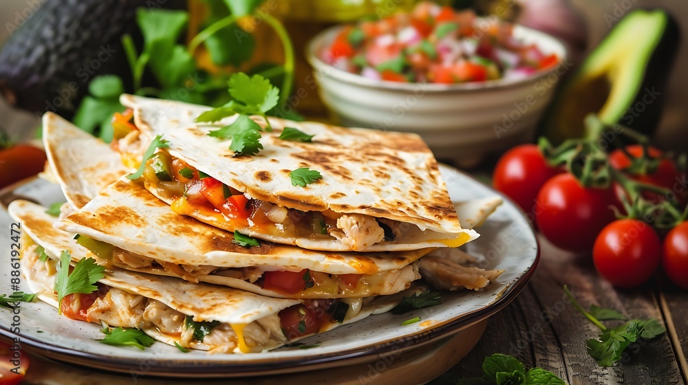 Close-up of Delicious Quesadillas with Melted Cheese and Chicken - Cozy Kitchen Scene Close-up of Delicious Quesadillas with Melted Cheese and Chicken - Cozy Kitchen Scene