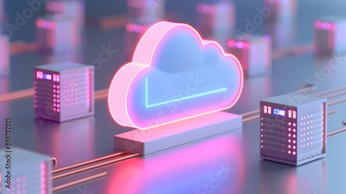 Neon cloud computing concept with server units connected in futuristic cyber environment, representing data storage and technology solutions. 3D Illustration. photo