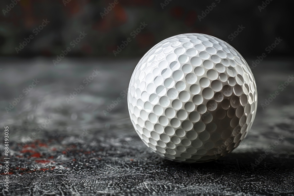 Closeup of a white golf ball on a dark textured surface with a blurred background Closeup of a white golf ball on a dark textured surface with a blurred background