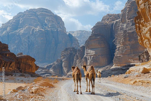 Majestic Camels Trekking Through Arid Desert Canyon photo