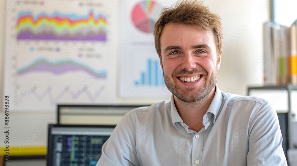 Sociologist in Casual Attire Smiling Warmly, Surrounded by Social Data and Graphs, Capturing Academic and Research Environment Sociologist in Casual Attire Smiling Warmly, Surrounded by Social Data and Graphs, Capturing Academic and Research Environment