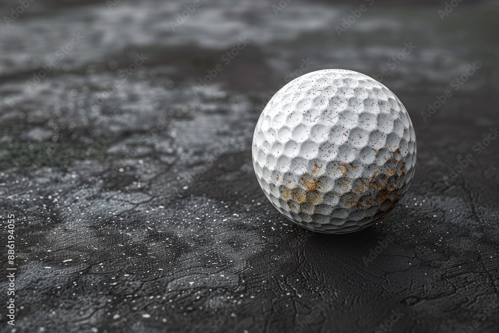 Close up of a single white golf ball with dimples and scuff marks resting on a dark surface