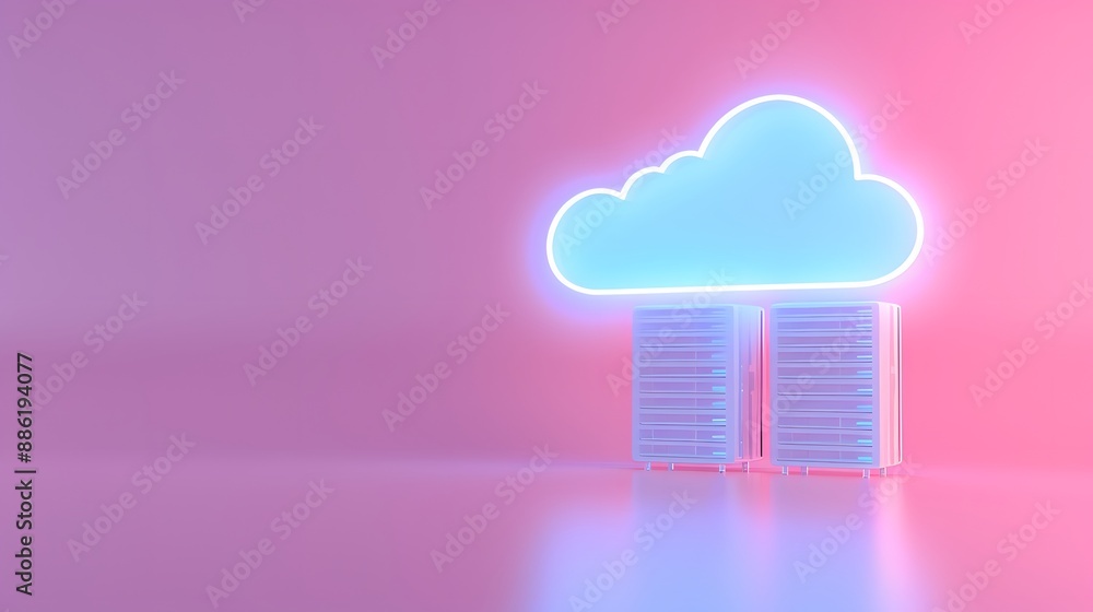 Neon cloud with server stacks on pink background symbolizing cloud computing and modern technology. 3D Illustration. Neon cloud with server stacks on pink background symbolizing cloud computing and modern technology. 3D Illustration.