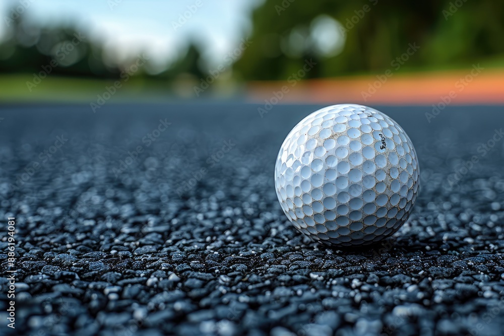 Closeup of a golf ball resting on asphalt Closeup of a golf ball resting on asphalt