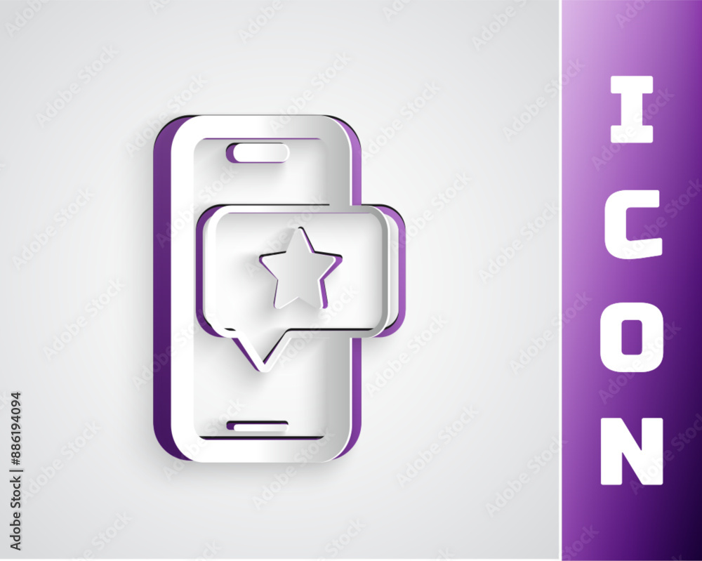 Paper cut Mobile phone with review rating icon isolated on grey background. Concept of testimonials messages, notifications, feedback. Paper art style. Vector Paper cut Mobile phone with review rating icon isolated on grey background. Concept of testimonials messages, notifications, feedback. Paper art style. Vector