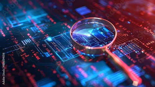 Magnifying glass highlighting a document in an abstract technological setting, symbolizing IT Security Risk Assessment and protection