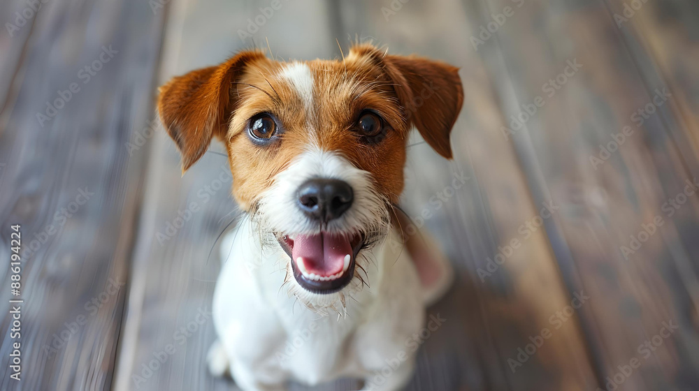 Happy Jack Russell Terrier looking up with a big smile, sitting on a wooden floor indoors. Happy Jack Russell Terrier looking up with a big smile, sitting on a wooden floor indoors.
