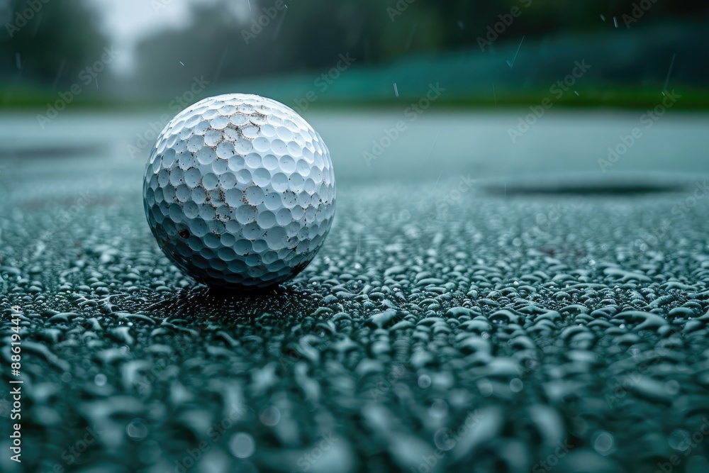 Golf ball resting on wet green turf after rain Golf ball resting on wet green turf after rain