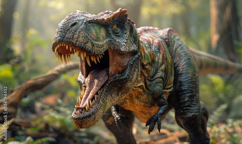 Realistic Dinosaur Roaring in a Sunlit Forest Setting Realistic Dinosaur Roaring in a Sunlit Forest Setting