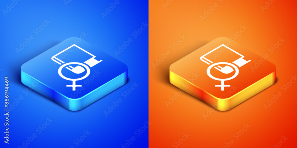 Isometric Book about women icon isolated on blue and orange background. 8 March. International Happy Women Day. Square button. Vector Isometric Book about women icon isolated on blue and orange background. 8 March. International Happy Women Day. Square button. Vector