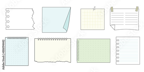 Memo sticky notes, sheet reminder, color office or school pages with tape, marks, pin, paperclip frames doodle style. Notebook bullet dairy list, funny retro drawing.