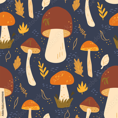 Night woodland forest mushrooms seamless pattern. Edible funguses repeat background. Vector hand drawn illustration.