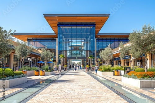 Modern glass and steel shopping mall with brick walkway and water features