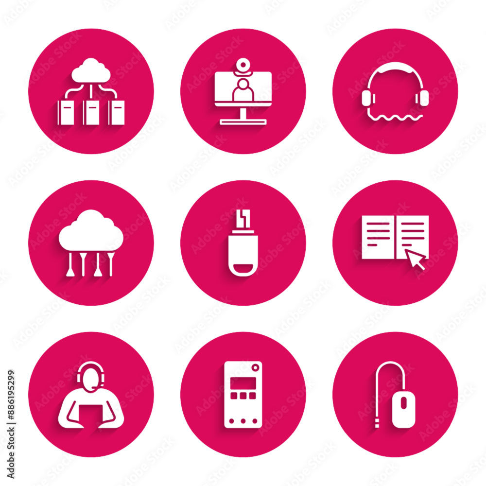 Set USB flash drive, Mobile phone, Computer mouse, Online book, Student, Network cloud connection, Headphones and Cloud online library icon. Vector Set USB flash drive, Mobile phone, Computer mouse, Online book, Student, Network cloud connection, Headphones and Cloud online library icon. Vector