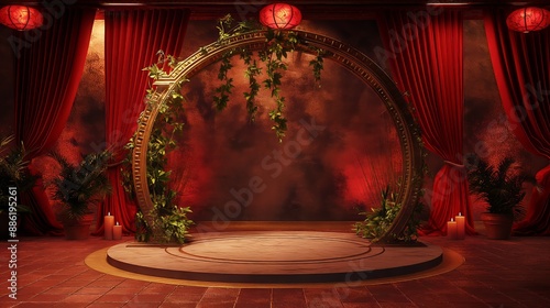 Red Lantern Stage with Ivy Decorated Arch and Elegant Curtains for Product Display photo