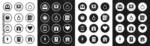 Set Diamond engagement ring, Male gender symbol, Clock, Envelope with Valentine heart, Marriage contract, Photo frames and hearts, Heart and Clipboard checklist icon. Vector