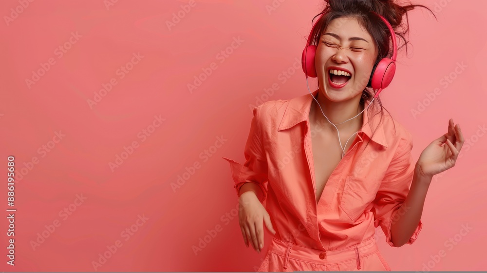 Happy Asian Woman Dancing to Music in Pink Happy Asian Woman Dancing to Music in Pink