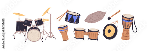 Different music percussion instruments set. Wooden djembe, tribal African bongo, Asian gong, drum kit with cymbals for playing rhythm, beat. Flat isolated vector illustrations on white background